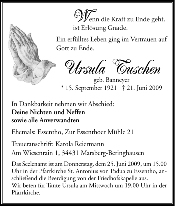 Traueranzeige von Ursula Tuschen von Tageszeitung