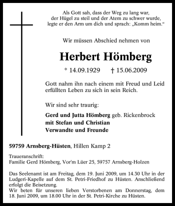 Traueranzeige von Herbert Hömberg von Tageszeitung