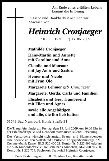Traueranzeige von Heinrich Cronjaeger von Tageszeitung