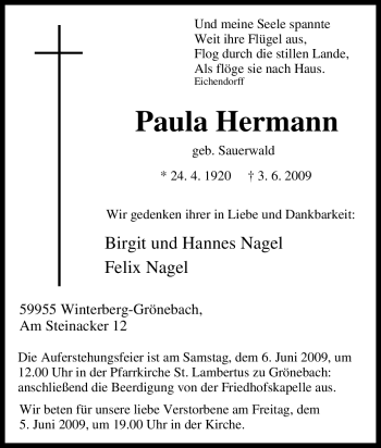 Traueranzeige von Paula Hermann von Tageszeitung