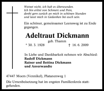 Traueranzeige von Adeltraut Dickmann von Tageszeitung