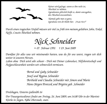 Traueranzeige von Nick Schneider von Tageszeitung