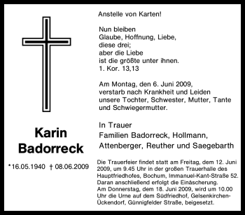 Traueranzeige von Karin Badorreck von Tageszeitung