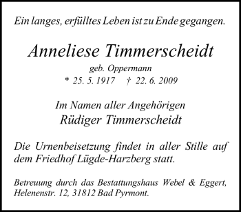 Traueranzeige von Anneliese Timmerscheidt von Tageszeitung
