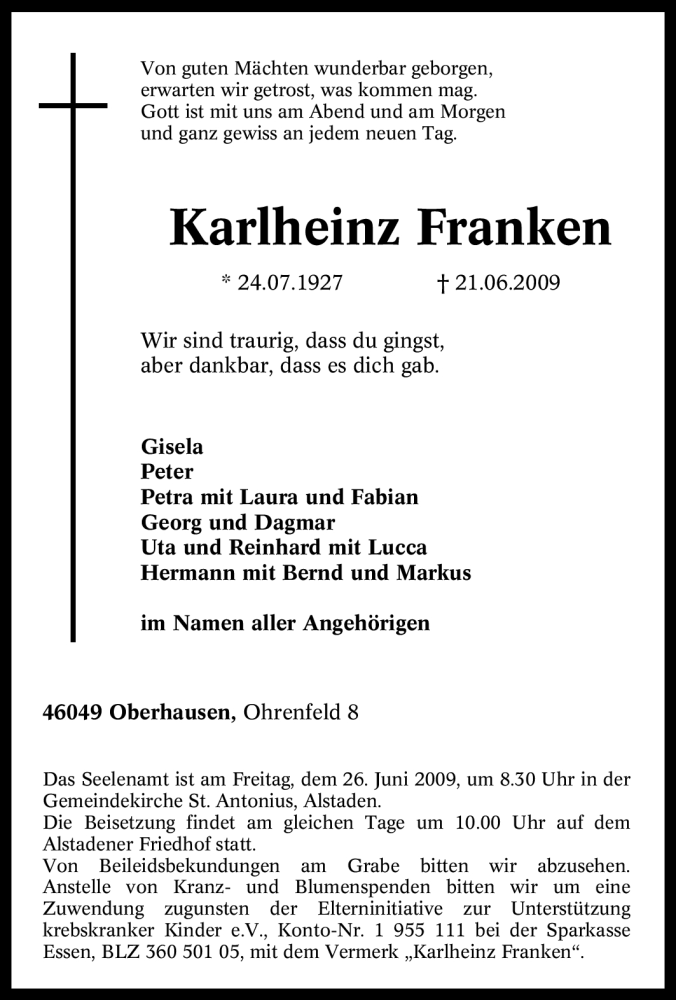 Traueranzeigen von Karlheinz Franken | Trauer-in-NRW.de