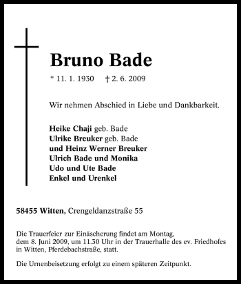 Traueranzeige von Bruno Bade von Tageszeitung