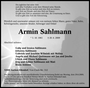 Traueranzeige von Armin Sahlmann von Tageszeitung
