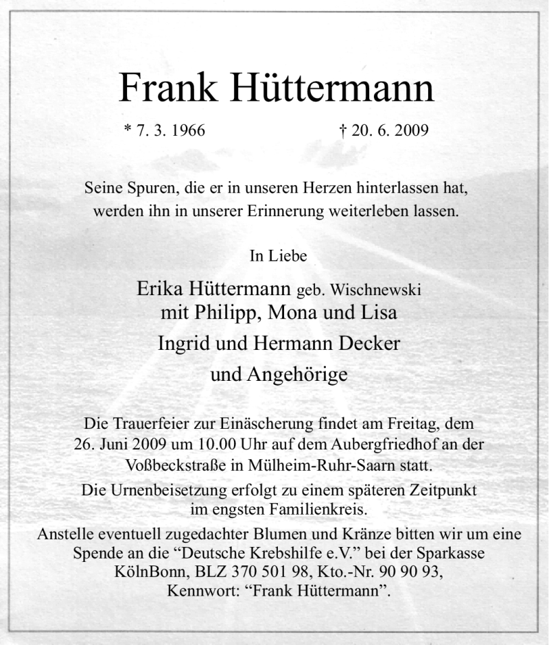  Traueranzeige für Frank Hüttermann vom 23.06.2009 aus Tageszeitung