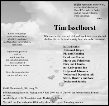 Traueranzeige von Tim Isselhorst von Tageszeitung