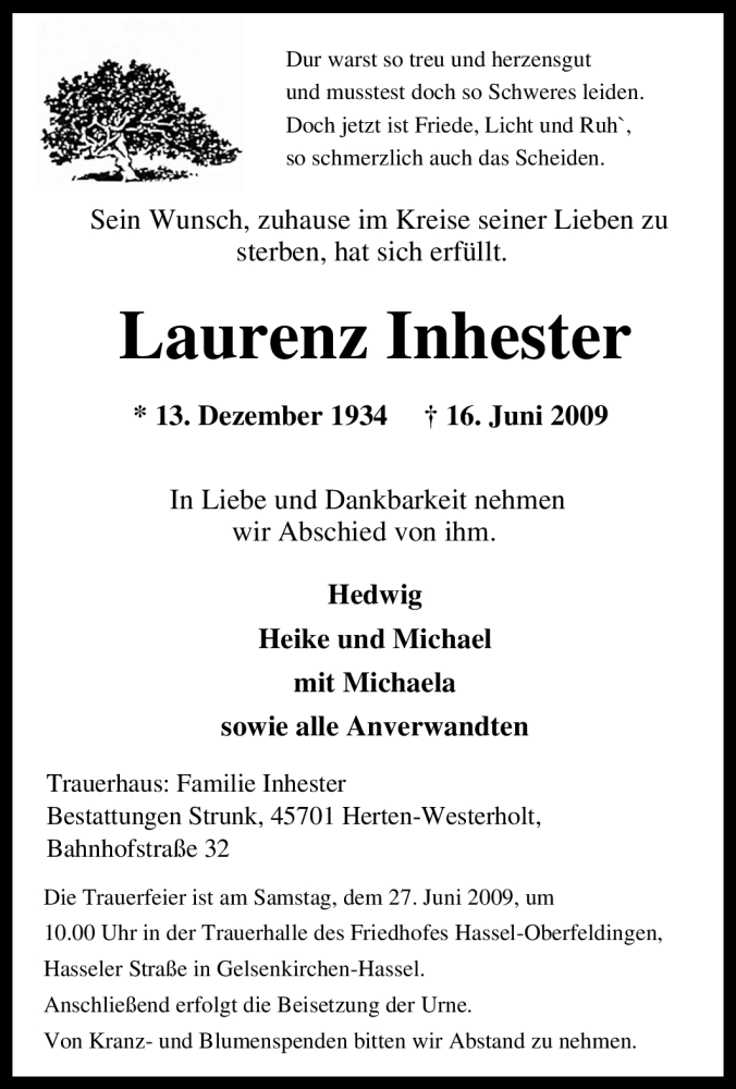  Traueranzeige für Laurenz Inhester vom 24.06.2009 aus Tageszeitung