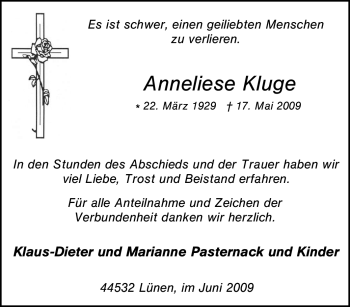 Traueranzeige von Anneliese Kluge von Tageszeitung