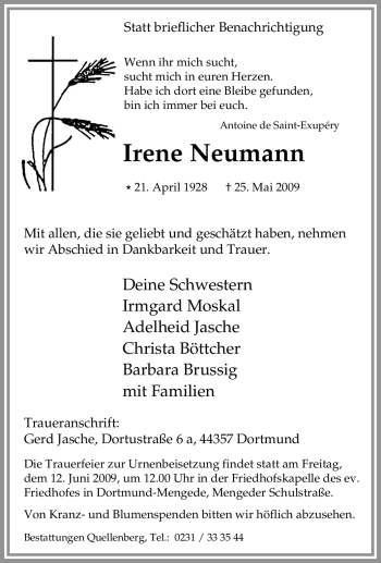 Traueranzeige von Irene Neumann von Tageszeitung