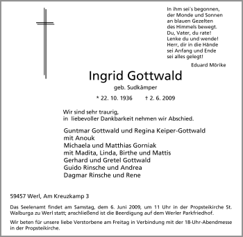 Traueranzeige von Ingrid Gottwald von Tageszeitung