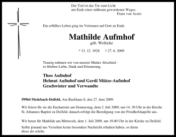 Traueranzeige von Mathilde Aufmhof von Tageszeitung