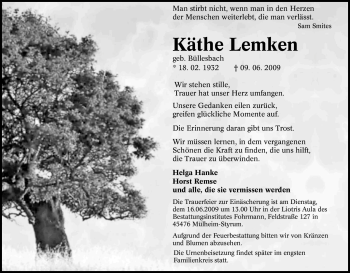 Traueranzeige von Käthe Lemken von Tageszeitung