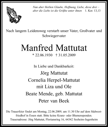 Traueranzeige von Manfred Mattutat von Tageszeitung