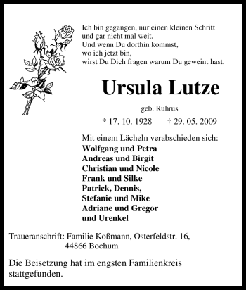 Traueranzeige von Ursula Lutze von Tageszeitung