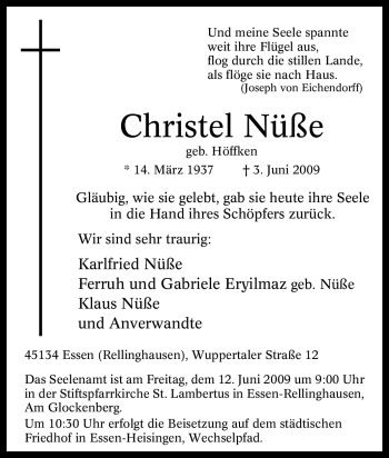 Traueranzeige von Christel Nüße von Tageszeitung