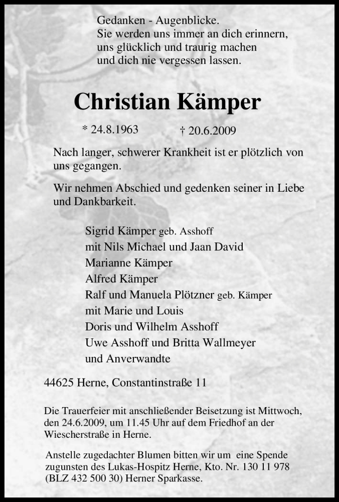  Traueranzeige für Christian Kämper vom 23.06.2009 aus Tageszeitung