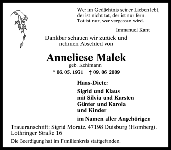 Traueranzeige von Anneliese Malek von Tageszeitung