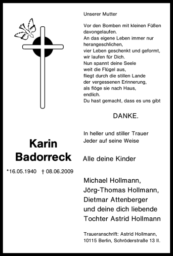 Traueranzeige von Karin Badorreck von Tageszeitung