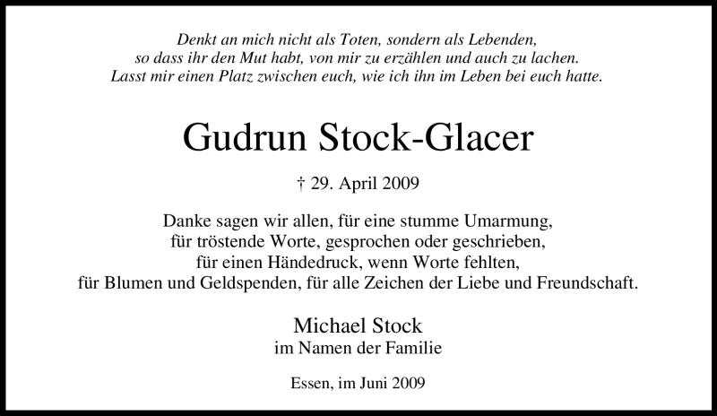  Traueranzeige für Gudrun Stock-Glacer vom 27.06.2009 aus Tageszeitung