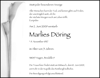 Traueranzeige von Marlies Döring von Tageszeitung