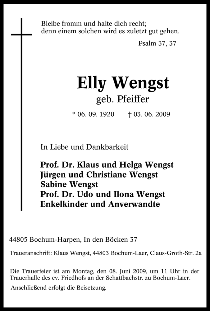  Traueranzeige für Elly Wengst vom 06.06.2009 aus Tageszeitung