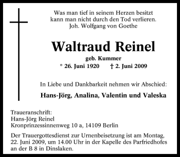 Traueranzeige von Waltraud Reinel von Tageszeitung