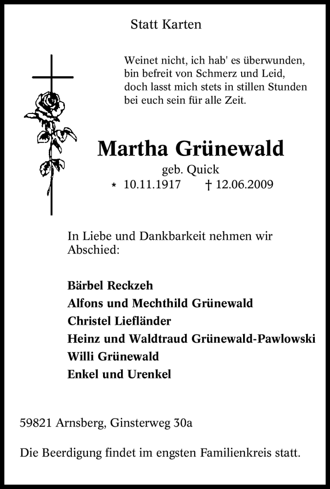  Traueranzeige für Martha Grünewald vom 16.06.2009 aus Tageszeitung