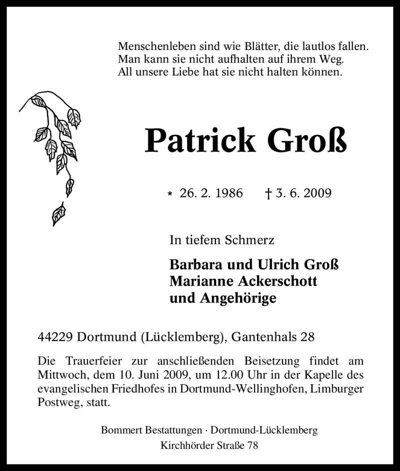  Traueranzeige für Patrick Groß vom 08.06.2009 aus Tageszeitung