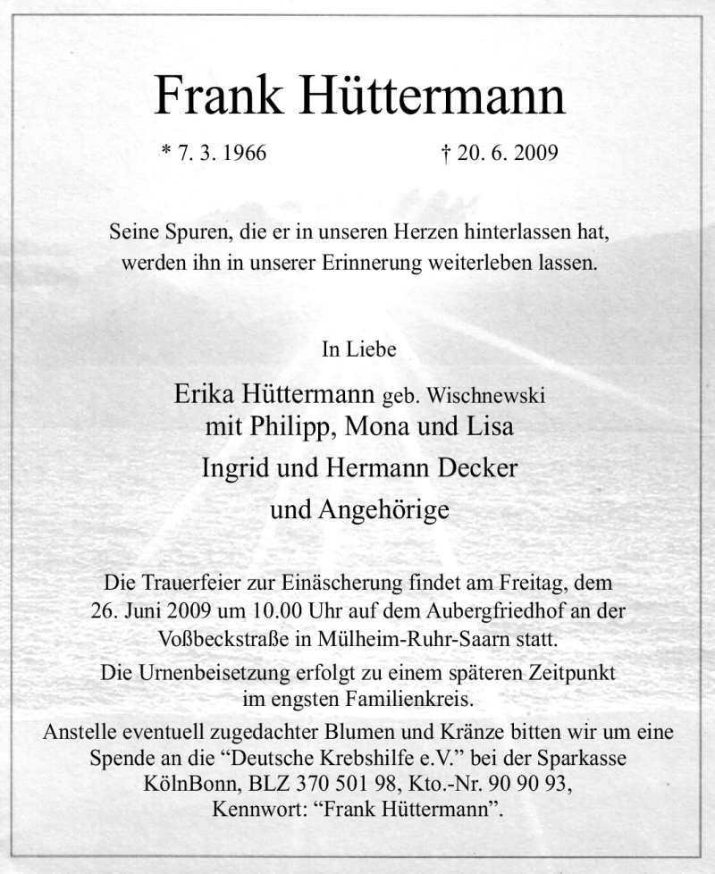  Traueranzeige für Frank Hüttermann vom 23.06.2009 aus Tageszeitung