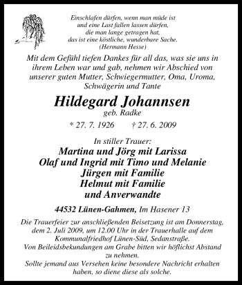 Traueranzeige von Hildegard Johannsen von Tageszeitung
