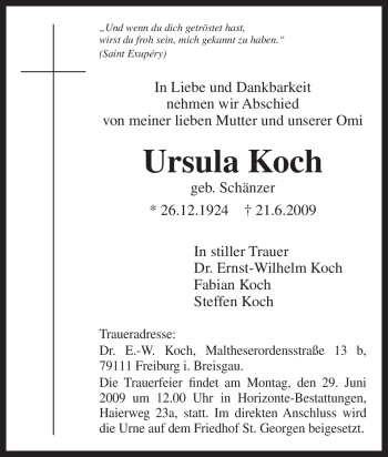 Traueranzeige von Ursula Koch von Tageszeitung