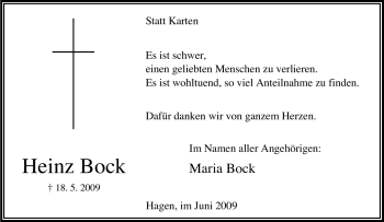 Traueranzeige von Heinz Bock von Tageszeitung