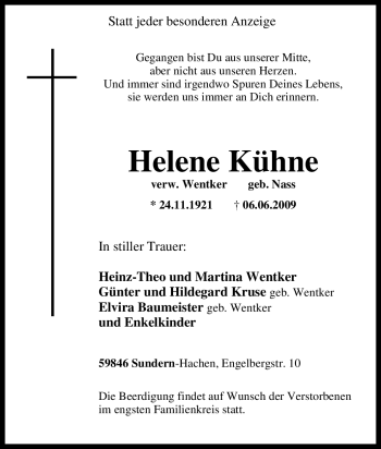 Traueranzeige von Helene Kühne von Tageszeitung