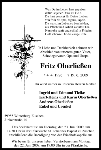 Traueranzeige von Fritz Oberließen von Tageszeitung