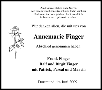 Traueranzeige von Annemarie Finger von Tageszeitung