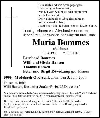 Traueranzeige von Maria Bommes von Tageszeitung