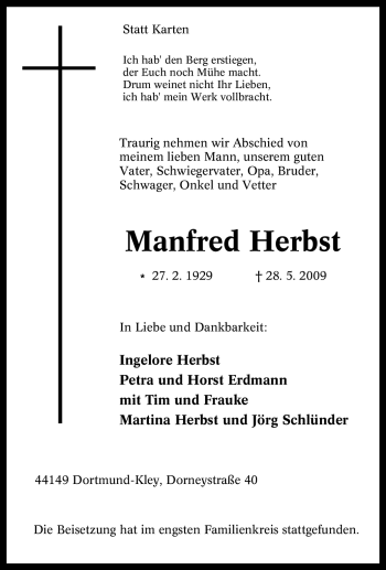 Traueranzeige von Manfred Herbst von Tageszeitung