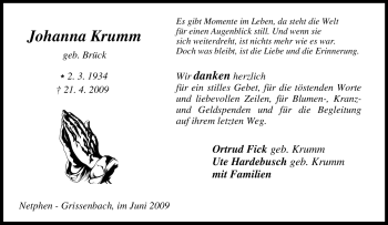 Traueranzeige von Johanna Krumm von Tageszeitung