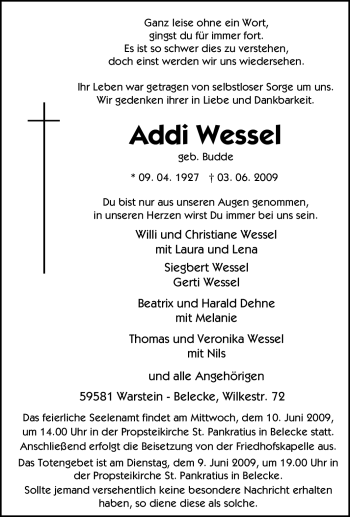 Traueranzeige von Addi Wessel von Tageszeitung