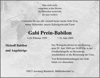 Traueranzeige von Gabi Prein-Babilon von Tageszeitung