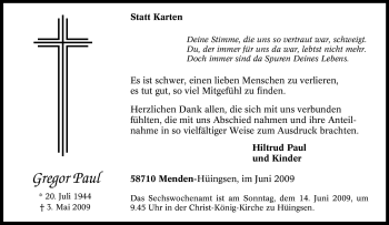 Traueranzeige von Gregor Paul von Tageszeitung