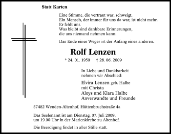 Traueranzeige von Rolf Lenzen von Tageszeitung