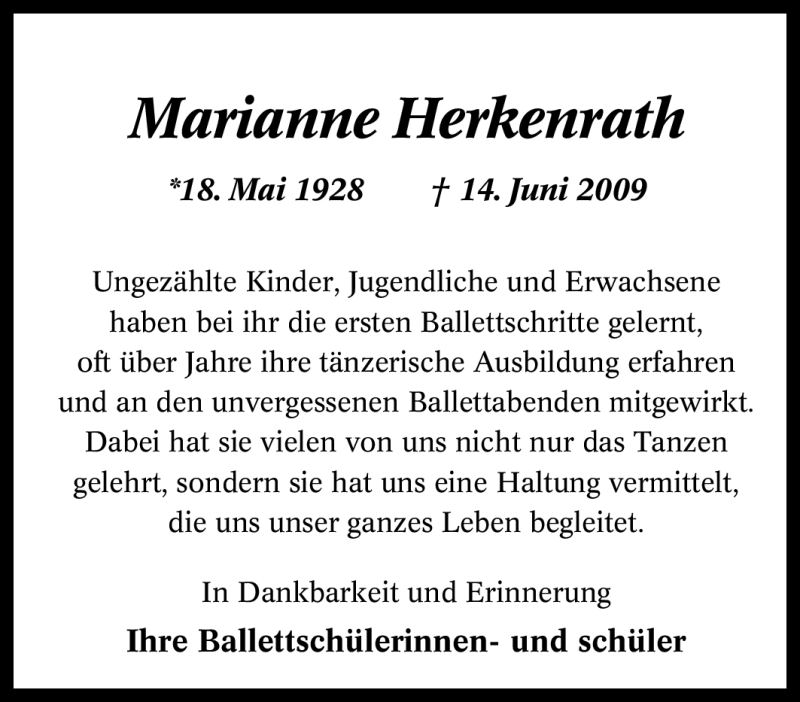  Traueranzeige für Marianne Herkenrath vom 27.06.2009 aus Tageszeitung