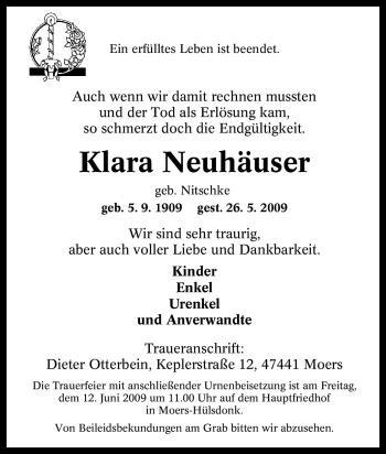 Traueranzeige von Klara Neuhäuser von Tageszeitung