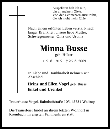 Traueranzeige von Minna Busse von Tageszeitung