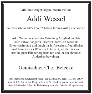 Traueranzeige von Addi Wessel von Tageszeitung