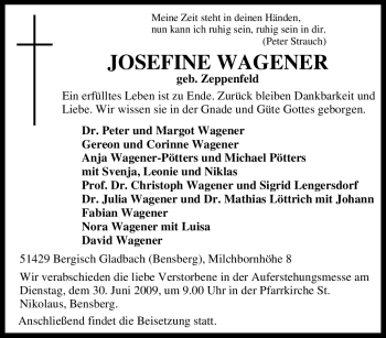 Traueranzeige von Josefine Wagener von Tageszeitung